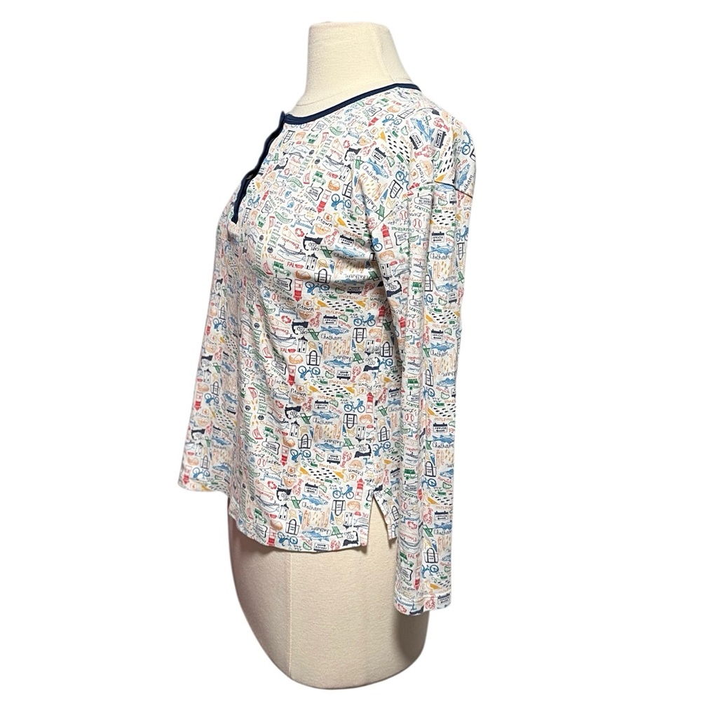 Women's Long Sleeve Printed Henley Pajama Top - Navy Trim - Picture 4 of 10